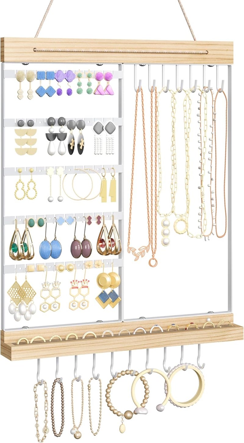 Feyejade Hanging Jewelry Organizer and Storage, 5-Tier White Earring Necklace Holder Jewelry Display Organizer Stand Rack, Wall Mounted for Earrings Necklaces Bracelets and Rings, White - Image 1